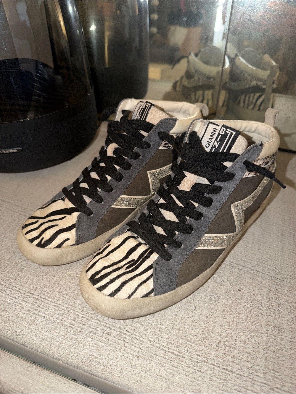 Gianni Bini Zebra-Accented High Top Sneakers - Black, White, Gray - Picture 1 of 6